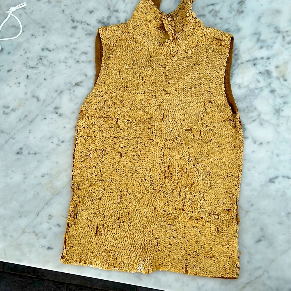 Gold sequin/silk DKNY mock neck sleeveless top